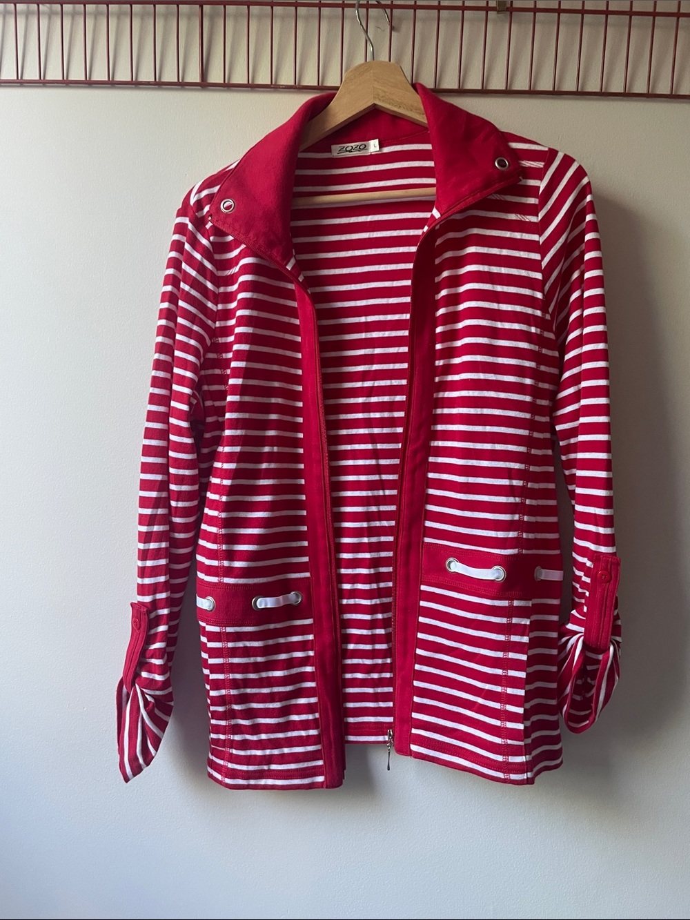 Red and White Striped Cotton Light Jacket